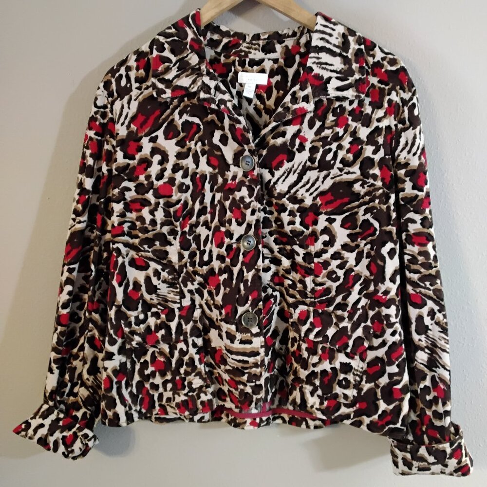 Charter club petite leopard print with red accents, cotton spandex corduroy.